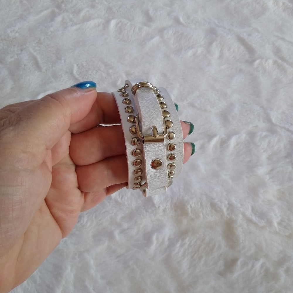 New White Faux Leather Buckle Studded Bracelet
